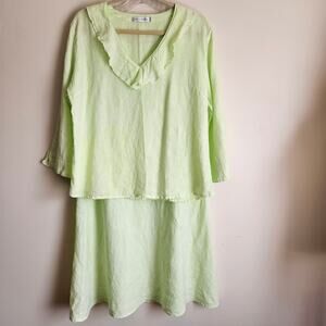 Cut Loose Embroidered Linen Top & Skirt in Pale Lime Sz L/M